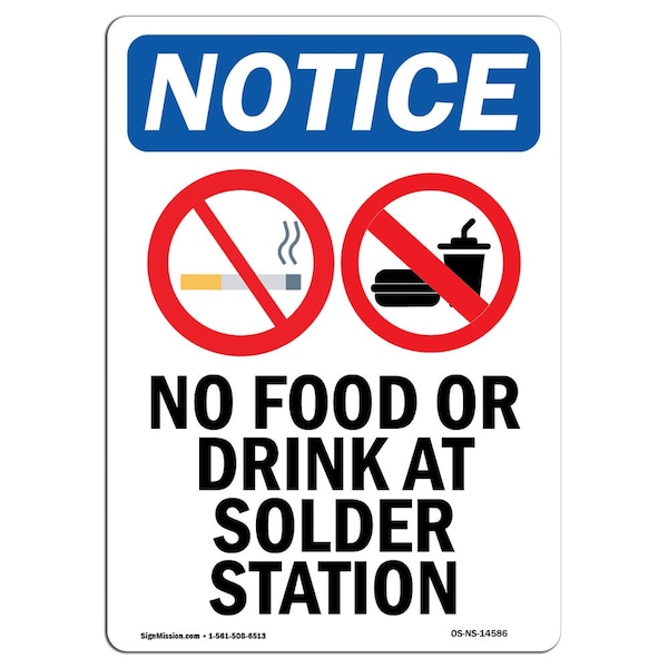 Safety Sign, OSHA Notice, 5" Height, No Food Or Drink At Sign With Symbol, Portrait, 10PK